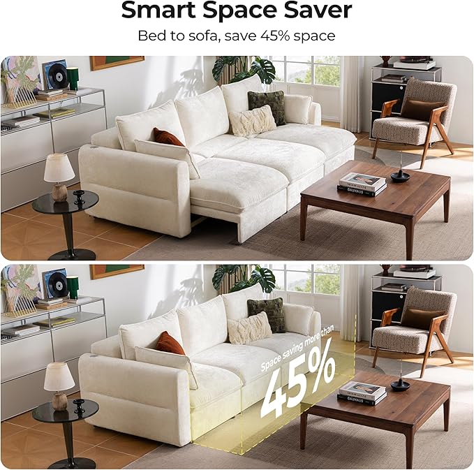 103" Electric Pull Out Sleeper Sofa Bed, 2in1 Convertible Power Extendable Couch Bed with Fast Charging USB&3 Smart Motor&Wide Back, Oversized Couches for Living Room&Small Space, Velvet Beige | Electric Extendable, Stepless Adjustment, Fast-Charging P...