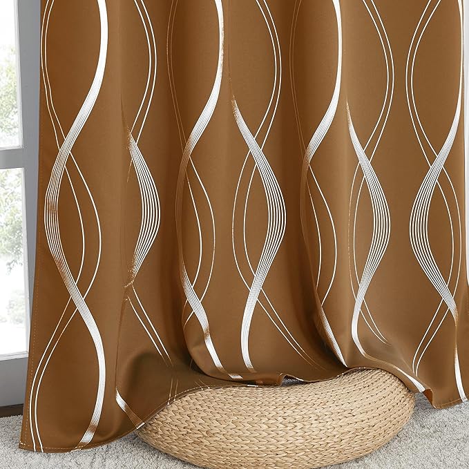 NICETOWN Gold Brown Blackout Fall Pattern Curtains for Living Room 84 inch Long, 52” Wide - Light Reducing Thermal Insulated Foil Printed Grommet Drapes for Bedroom and Nursery, 2 Panels