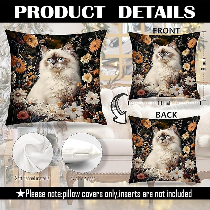 William Morris Inspired-Floral Siamese Cat Pillow Covers 18x18 Set of 2,Siamese Cat Gifts for Women,Dark Cottagecore Botanical Kitty Kitten Decorative Pillow Covers for Home Living Room Bedroom
