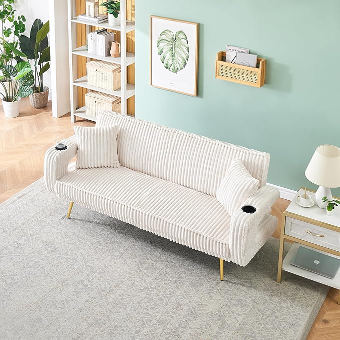 Luxury Plush Corduroy Upholstered Futon Sofabed Living Room Loveseat Sofa Convertible Sleeper Couch Bed with Style Armrests,Cupholders and Pillows, Love Seat Sofa&Couch for Home/Studio/Apartment