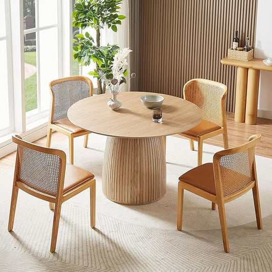 Mushroom-Shape Wooden Round Dining Table Modern Round Dinner Table with Natural Wood Grain Variation Tabletop for Home Apartment