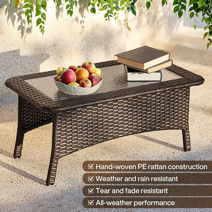 Tribesigns Outdoor Wicker Coffee Table with Hammered Glass Top, Hand PE Rattan Wicker Patio Furniture Set, All-Weather Rectangular Patio Table for Deck, Backyard, Porch, Poolside