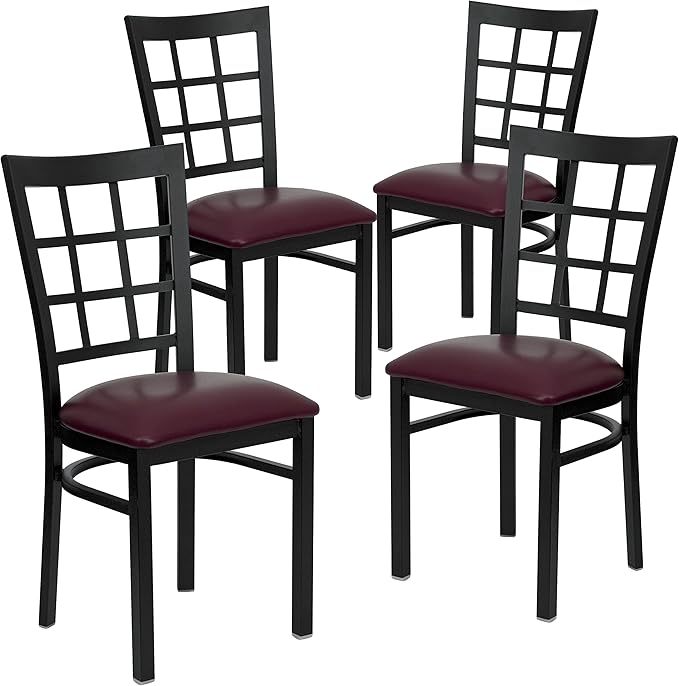 Flash Furniture 4 Pack HERCULES Series Black Window Back Metal Restaurant Chair - Burgundy Vinyl Seat