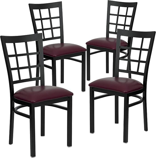Flash Furniture 4 Pack HERCULES Series Black Window Back Metal Restaurant Chair - Burgundy Vinyl Seat