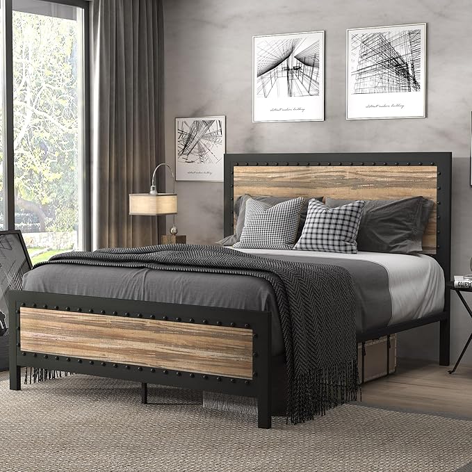 SHA CERLIN Heavy Duty Full Size Bed Frame, Metal Platform Base with Rivet Wooden Headboard Footboard, 13 Strong Steel Slats Support, No Box Spring Needed, Mattress Foundation