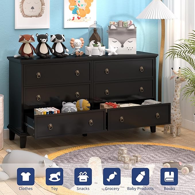 Black Dresser for Bedroom, 53.1'' Wide Chest of Drawers with 6 Drawers, Large Storage Wooden Dresser for Living Room, Entryway, Hallway