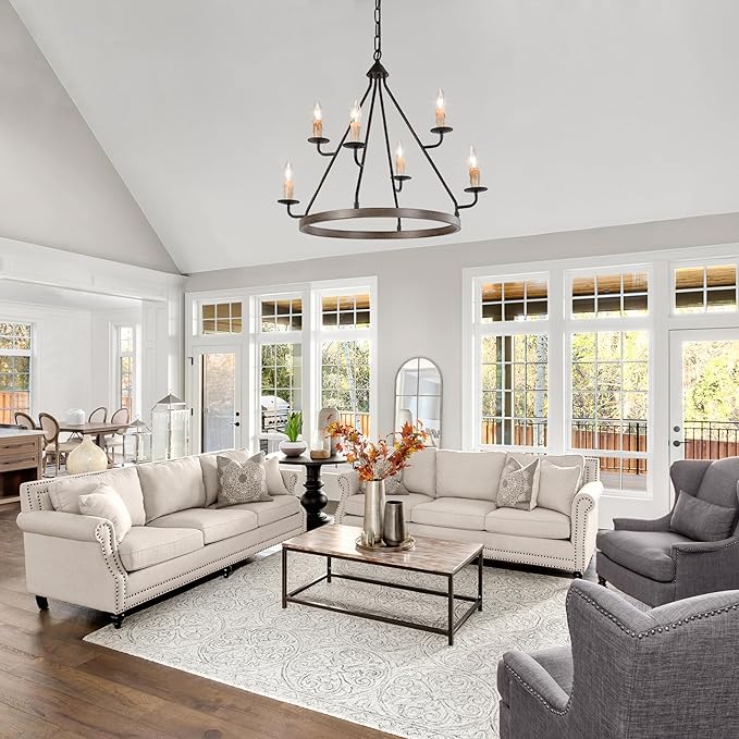 LALUZ Farmhouse Chandelier, Large 6-Light Wagon Wheel Chandeliers 2 Tier Round Pendant Light Fixtures for Dining & Living Room, Foyer and Bedroom