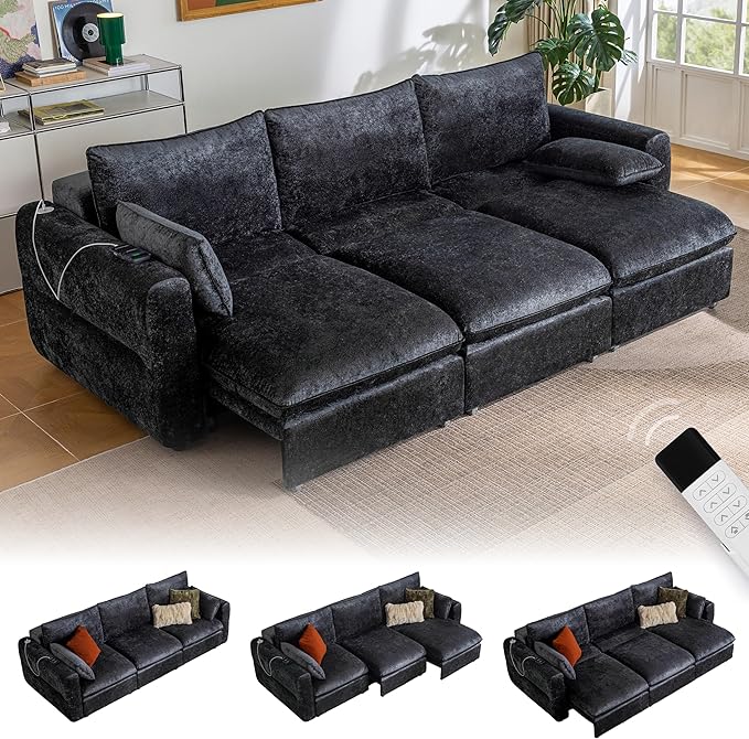 103" Electric Pull Out Sleeper Sofa Bed, 2in1 Convertible Power Extendable Couch Bed with Fast Charging USB&3 Smart Motor&Wide Back, Oversized Couches for Living Room&Small Space, Velvet Dark Grey | Electric Extendable, Stepless Adjustment, Fast-Chargi...