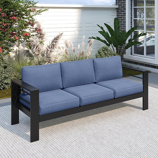Solaste Aluminum Outdoor Couch, 3-Seat Metal Outdoor Sofa with Water-Resistant Cushion, Weather-Resistant Modern Patio Sofa, Black Frame Blue Cushion