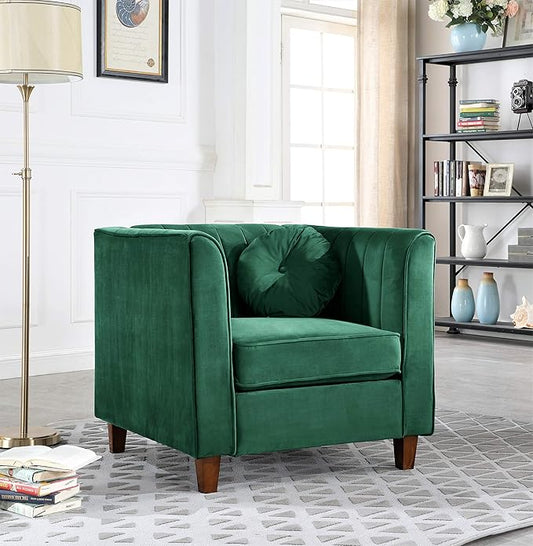Container Furniture Direct Arvilla Velvet Chair with Bolster Pillows, Soft Upholstery, Mid Century Modern Design, Chesterfield-Inspired Accent Armchair for Living Rooms, Lush Green