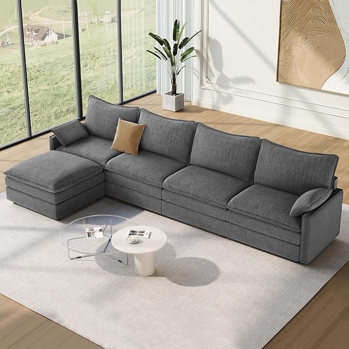 Vesgantti 142" Cloud Couch Sectional Modular Sofa, Comfy Sectional Couch with Ottoman Deep Seat Chenille L Shaped Sofa, Modular Couches for Living Room, Bedroom and Apartment, Gray | Sink-in Comfort, Height Adjustable, Easy Rearrangement, Extra-deep Ot...