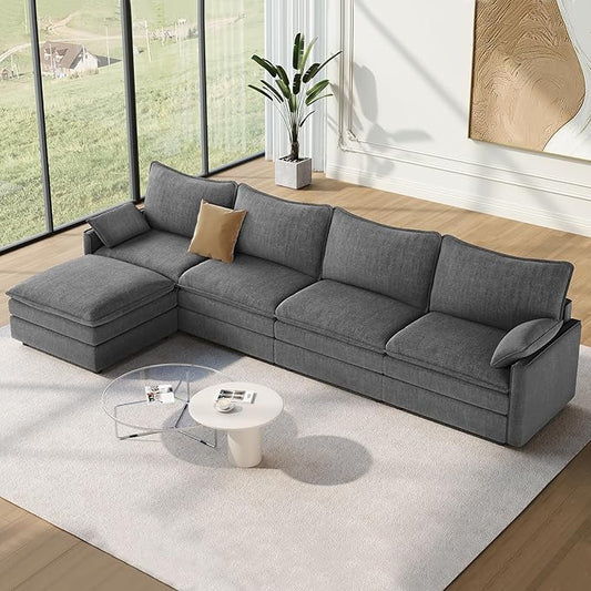 Vesgantti 142" Cloud Couch Sectional Modular Sofa, Comfy Sectional Couch with Ottoman Deep Seat Chenille L Shaped Sofa, Modular Couches for Living Room, Bedroom and Apartment, Gray | Sink-in Comfort, Height Adjustable, Easy Rearrangement, Extra-deep Ot...