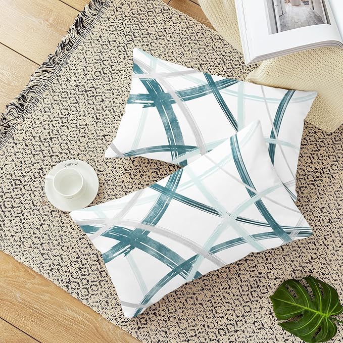 CaliTime Throw Pillow Cases Pack of 2 Cozy Fleece Arc-Shaped Abstract Geometric Lines Decorative Cushion Covers for Couch Bed Sofa Farmhouse Decoration 12 X 20 Inches Teal Turquoise Grey