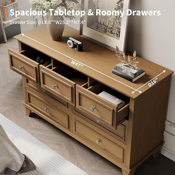 GAOMON Brown Dresser, 7 Drawer Dresser for Bedroom, 47" W Chest of Drawers with Deep Drawers, Closet Dressers with Metal Handle, Thickened Desktop, Wood Rustic Drawers for Hallway, Entryway, Closet