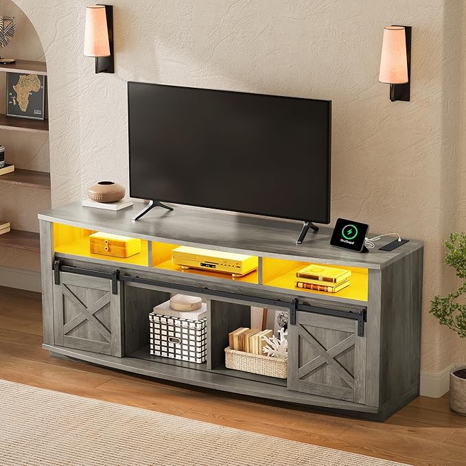 YITAHOME TV Stand for 75/80 Inch TV, Grey Entertainment Center 70 Inches Wide, Media Furniture TV Table with with Power Outlet, TV Consoles for Living Room, Curved Desktop, Sliding Barn Doors
