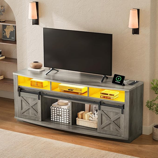 YITAHOME TV Stand for 75/80 Inch TV, Grey Entertainment Center 70 Inches Wide, Media Furniture TV Table with with Power Outlet, TV Consoles for Living Room, Curved Desktop, Sliding Barn Doors