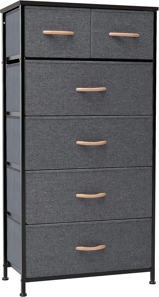 Crestlive Products Vertical Dresser Storage Tower - Sturdy Steel Frame, Wood Top, Easy Pull Fabric Bins, Wood Handles - Organizer Unit for Bedroom, Hallway, Entryway, Closets - 6 Drawers (Gray)