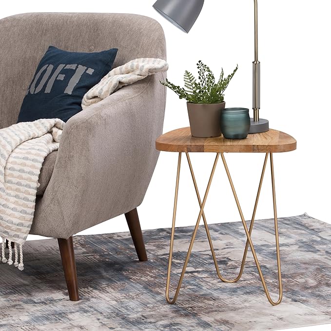 SIMPLIHOME Patrice Metal Table - 18 inch Wide Solid Wood and Metal Round Side Table in Natural and Gold, Mid-Century Modern Accent Table for Living Room or Bedroom with Hairpin Legs