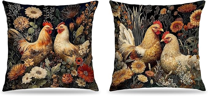 William Morris Inspired Chicken Pillow Covers 18x18 Set of 2,Chicken Lover Mom Lady Gifts,Dark Cottagecore Wildflowers Rooster Decorative Throw Pillow Covers for Farmhouse Home Bedroom