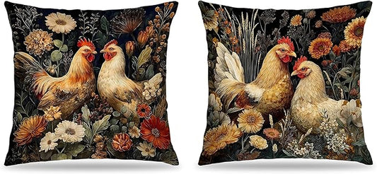 William Morris Inspired Chicken Pillow Covers 18x18 Set of 2,Chicken Lover Mom Lady Gifts,Dark Cottagecore Wildflowers Rooster Decorative Throw Pillow Covers for Farmhouse Home Bedroom
