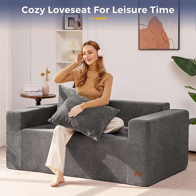 MAXYOYO Modular Sofa Couch, 61" Loveseat Boneless Cloud Couch with Deep Seat, Chenille Upholstered Living Room Sleeper Sofa Chair for Living Room, No Assembly Required, Light Grey