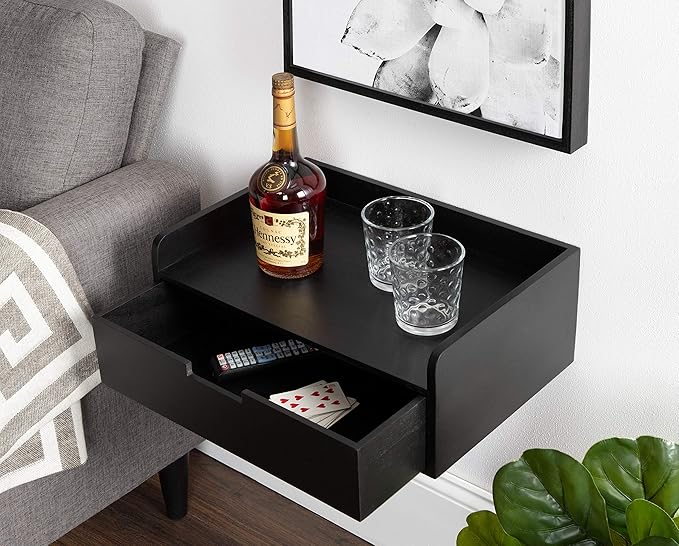 Kate and Laurel Kitt Modern Floating Wall Shelf Side Table with Drawer, 18" x 12" x 6.5", Black