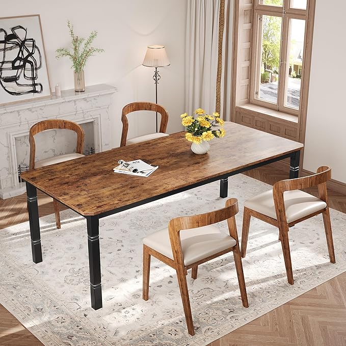 Garvee Large Dining Table for 6-8 People, 79" Wooden Kitchen Table with Sturdy Metal Frame, Dining Room Table for Dining Room, Kitchen, Black Leg & Retro