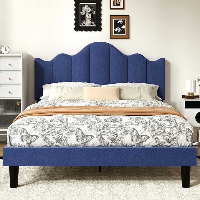 VECELO Queen Size Upholstered Platform Bed Frame with Adjustable Headboard, Wood Slat Support and Noise-Free, No Box Spring Needed, Easy Assembly, Blue