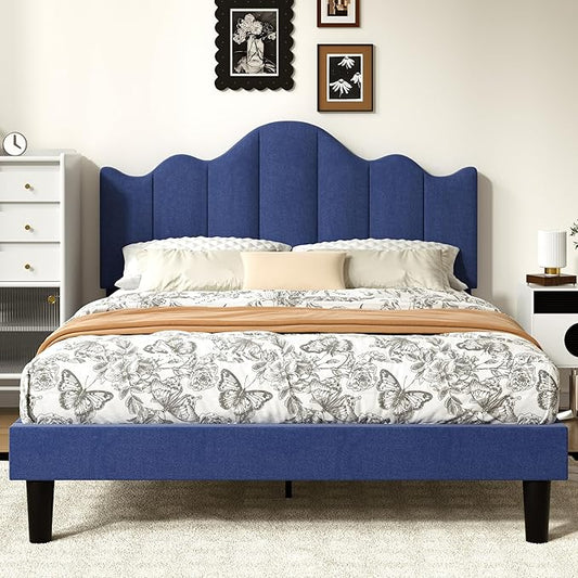 VECELO Queen Size Upholstered Platform Bed Frame with Adjustable Headboard, Wood Slat Support and Noise-Free, No Box Spring Needed, Easy Assembly, Blue