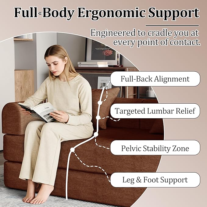 59'' Convertible Compressed Corduroy Folding Cloud Sofa Bed, Modern Boneless Pull Out Loveseat Sleeper in a Box, 4 in 1 Floor Mattress Futon Cloud Couch, No Assembly Needed, Caramel, Queen, 2 Pillows