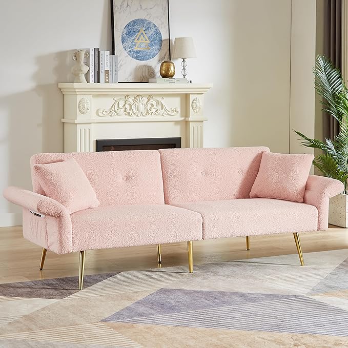 Eafurn Teddy Futon Sofa Bed Modern Folding Futon Set Convertible Recliner Lounge Sleeper Couch with Adjustable Armrest and Backrest for Living Room Apartment | Golden Legs, Wood Frame, Side Pockets