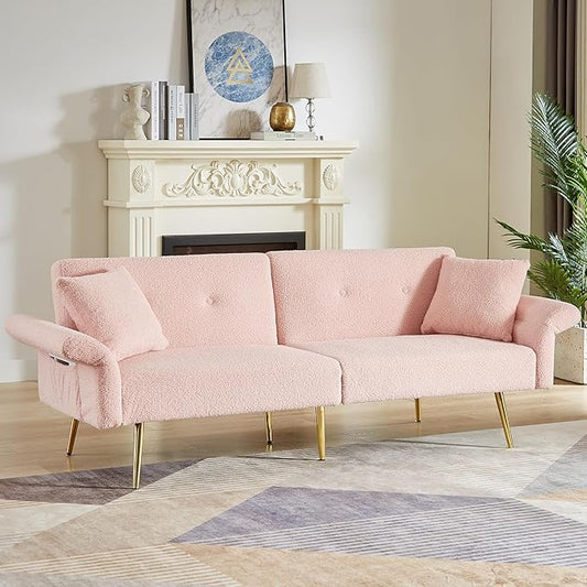 Eafurn Teddy Futon Sofa Bed Modern Folding Futon Set Convertible Recliner Lounge Sleeper Couch with Adjustable Armrest and Backrest for Living Room Apartment | Golden Legs, Wood Frame, Side Pockets