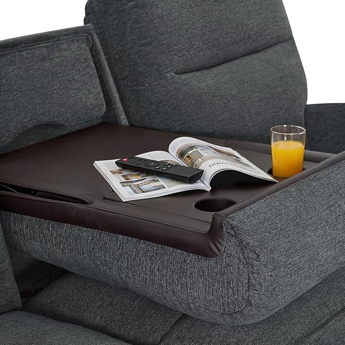MCombo 87.8" Wall Hugger Power Reclining Sofa with Drop Down Table, 3-Seater Recliner Couch for Small Spaces Living Room RV, USB Ports, Fabric PR635M3 (Dark Grey)