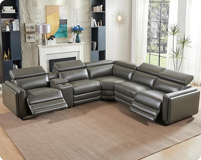 AMERLIFE Power Recliner Sofa, 129 Inch Oversized Reclining Sofa with Console & Speaker, 5 Seats L Shaped Sectional Couch for Living Room, Dark Grey Leather