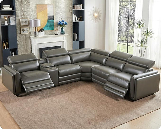 AMERLIFE Power Recliner Sofa, 129 Inch Oversized Reclining Sofa with Console & Speaker, 5 Seats L Shaped Sectional Couch for Living Room, Dark Grey Leather