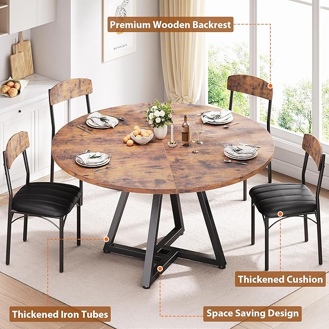 51“ Round Kitchen Dining Room Table for 6-8, Circle Dining Dinner Table with Pedestal Metal Frame, Space Saving Wood Industrial Furniture for Small Space (Rustic Brown)