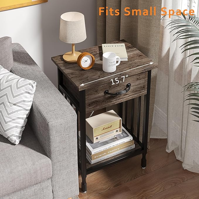 VECELO Night Stand Set 2 with Drawer and Storage Shelf,15.7x11.8x23.6 inches Bedside Table End Table,Wood Nightstands for Bedroom, Living Room,Sofa,Gray,2 Sets