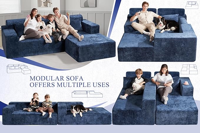 HABUTWAY 105" L-Shape Modular Sectional Sofa Couch for Living Room,No Assembly Required,Modular Comfy Sofa with Deep Seat for Living Room Bedroom,Luxury Distressed Velvet(Right,Blue)
