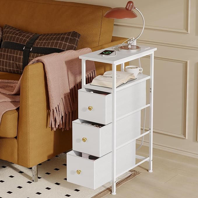 Fixwal Small Nightstand Narrow White Dresser with Charging Station, Skinny Nightstand with 3 Fabric Drawers, Dorm Silm Bedside Table for Small Spaces Bathroom, Bedroom, Laundry