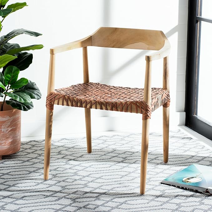 SAFAVIEH Home Collection Munro Natural Teak Wood/Light Honey Leather Woven Accent Chair (Fully Assembled)