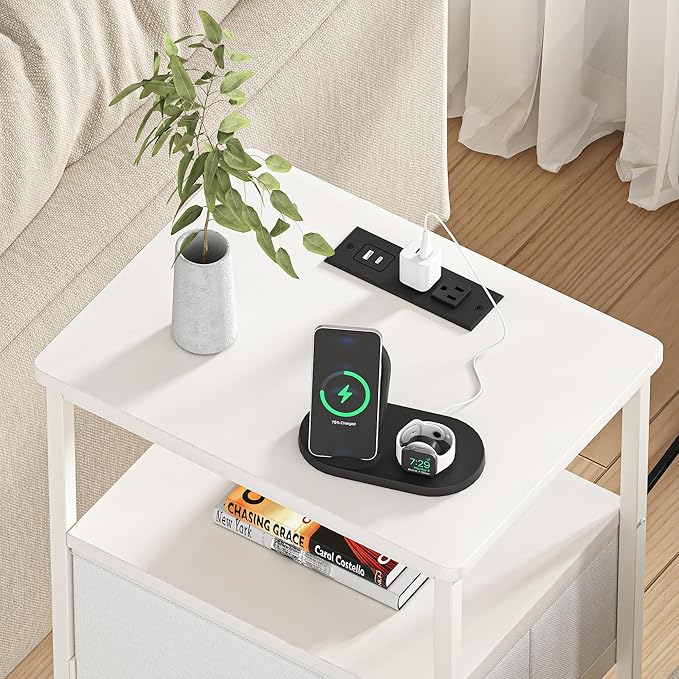 VECELO Bedside Tables with Charging Station,Nightstand with Storage Shelf&Fabric Drawer,End Tables for Bedroom,Living Room,Small Spaces,White