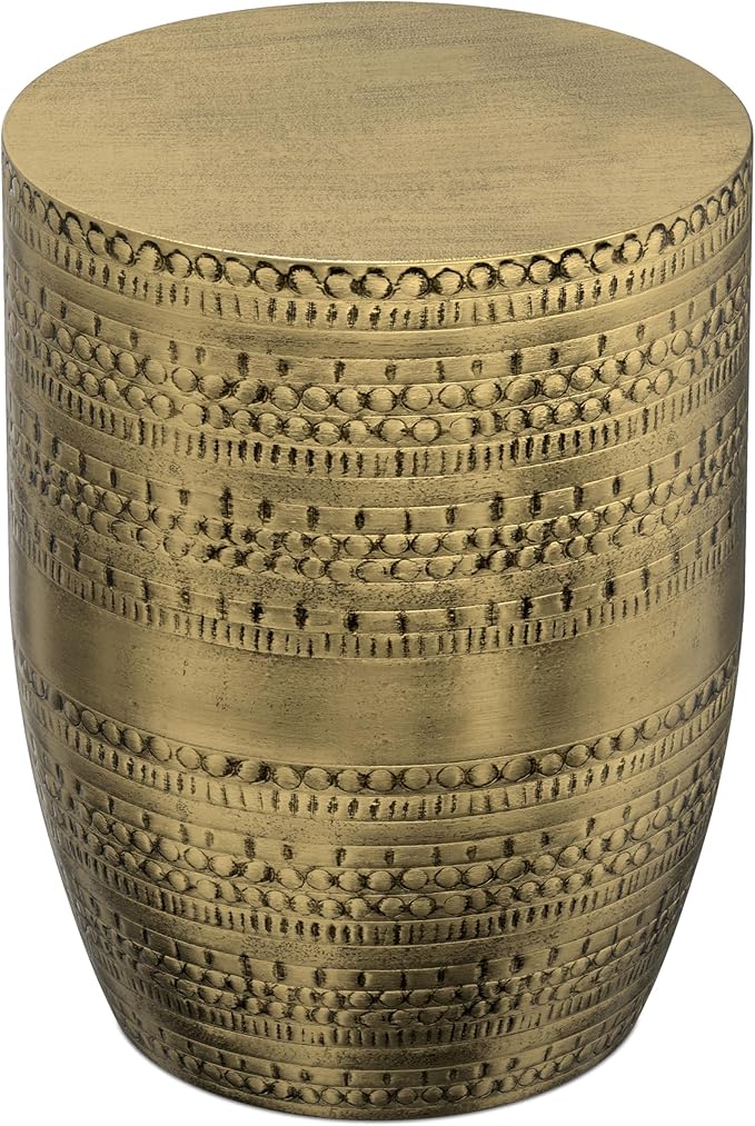 SIMPLIHOME Johnsen Metal Table - 15 inch Wide Solid Iron Drum Accent Table in Antique Gold with Tribal Pattern, Round Boho End Table for Living Room, Bedroom, or Home Office, Fully Assembled