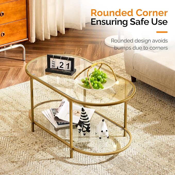 VINGLI 38" Oval Coffee Table, Transparent Glass Coffee Tables for Living, Modern Coffe Table with 2-Tier Storage, Tea Table for Small Space, Office, Balcony, Matte Gold