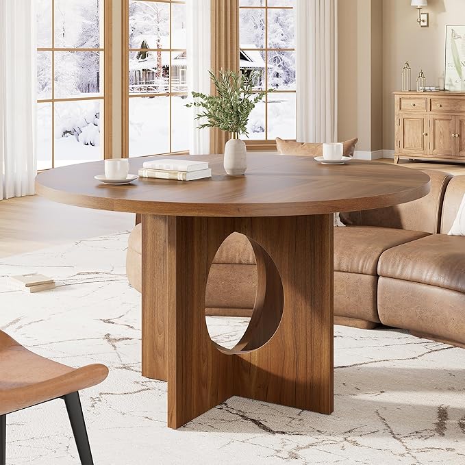 IDEALHOUSE 47" Round Dining Table, Kitchen Table for 4-6 People, Circle Tables with Sturdy Pedestal Base, Space Saving Dinning Room Furniture for Living Room, Kitchen, Apartment, Brown