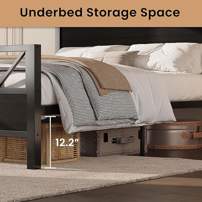 LIKIMIO Queen Bed Frame, Tall Industrial Headboard 51.2 ", Platform Bed Frame with Strong Metal Support, Solid and Stable, Noise Free, No Box Spring Needed, Easy Assembly, Black