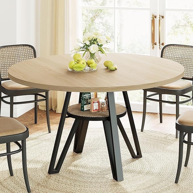 LIKIMIO Round Dining Table for 4, 47.2” Wooden Kitchen Table with Rattan Storage Shelf, Space-Saving for Modern Dining Room, Living Room, Natural