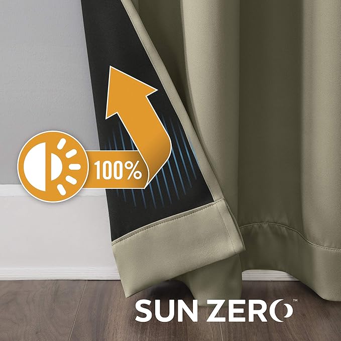 Sun Zero Nordic 2-pack Theater Grade Extreme 100% Blackout Grommet Curtain Panel Pair, 52" x 63", Olive