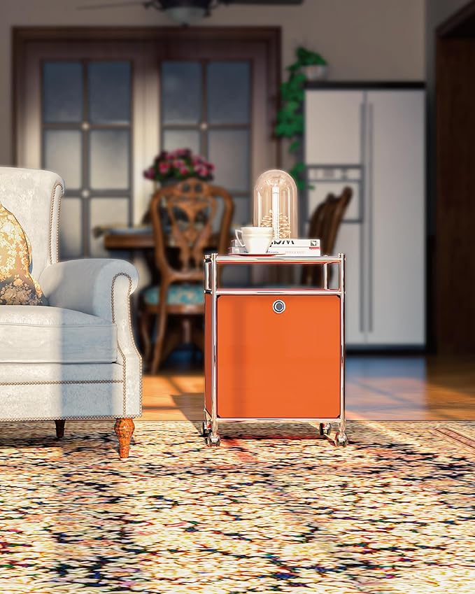 Elegant Matte Storage Cart with 22.8" Height - Perfect Side Table, Night Stand - Large Capacity with Flap Door, Detachable Wheels - Ideal for Home, Office, Bedroom, Kitchen (Orange)