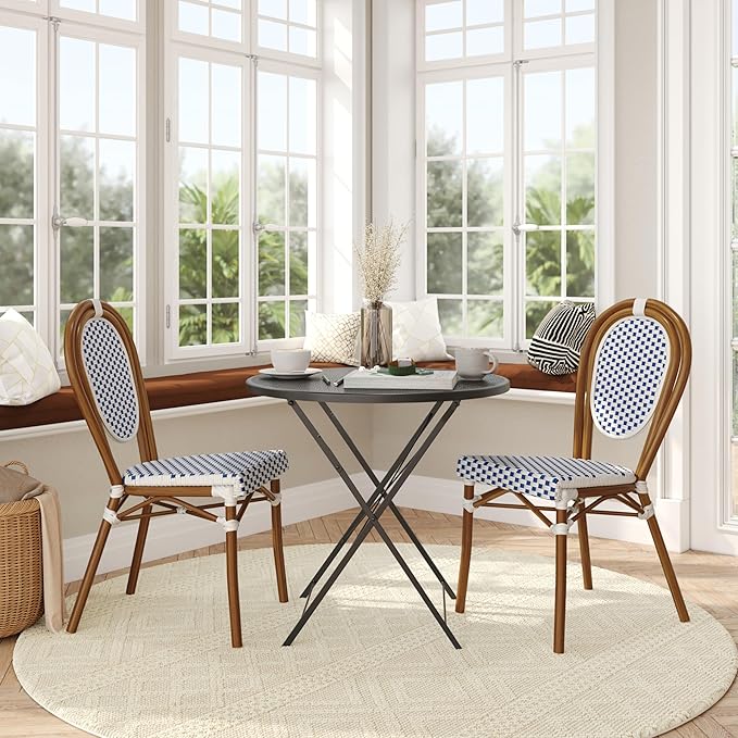 Flash Furniture Lourdes Indoor/Outdoor Commercial Thonet Bistro Stack Chair - White/Navy PE Rattan Back and Seat - Natural Bamboo Print Metal Frame - Set of 2