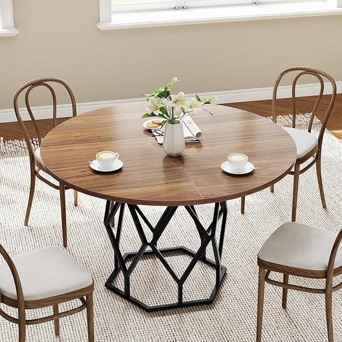 IDEALHOUSE 47 Inch Round Dining Table, Farmhouse Dining Kitchen Table for 4-6 People, Kitchen & Dining Room Tables, Circle Kitchen Table for Kitchen, Dining Room, Living Room, Brown
